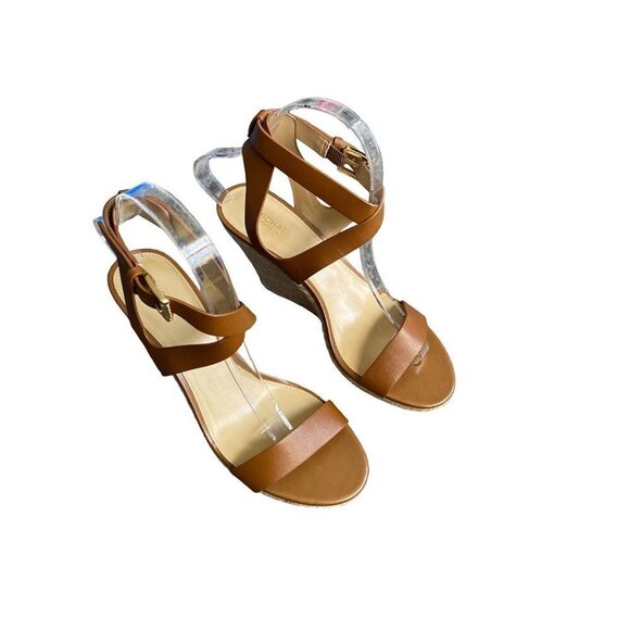 MICHAEL KORS TAN LEATHER ANKLE STRAP OPEN TOE WEDGE SZ 7.5 - Picture 1 of 8